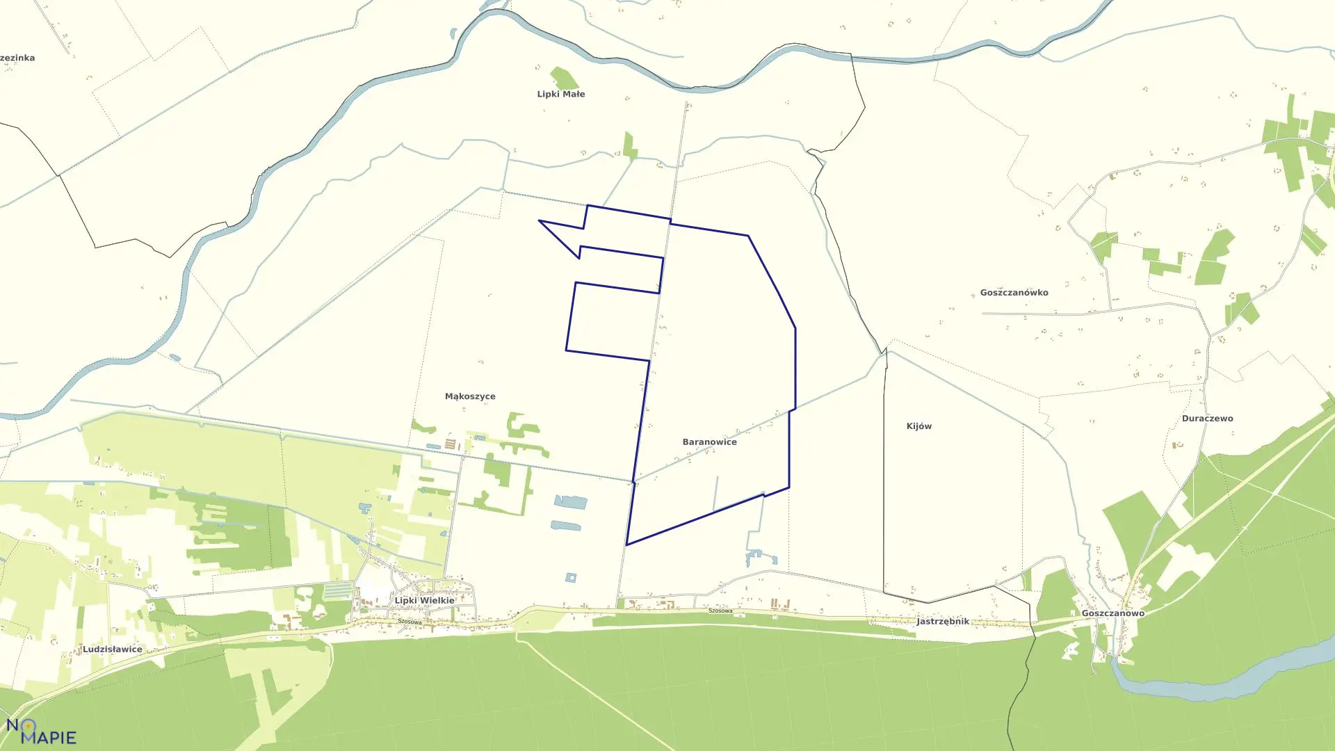 Mapa obrębu Baranowice w gminie Santok