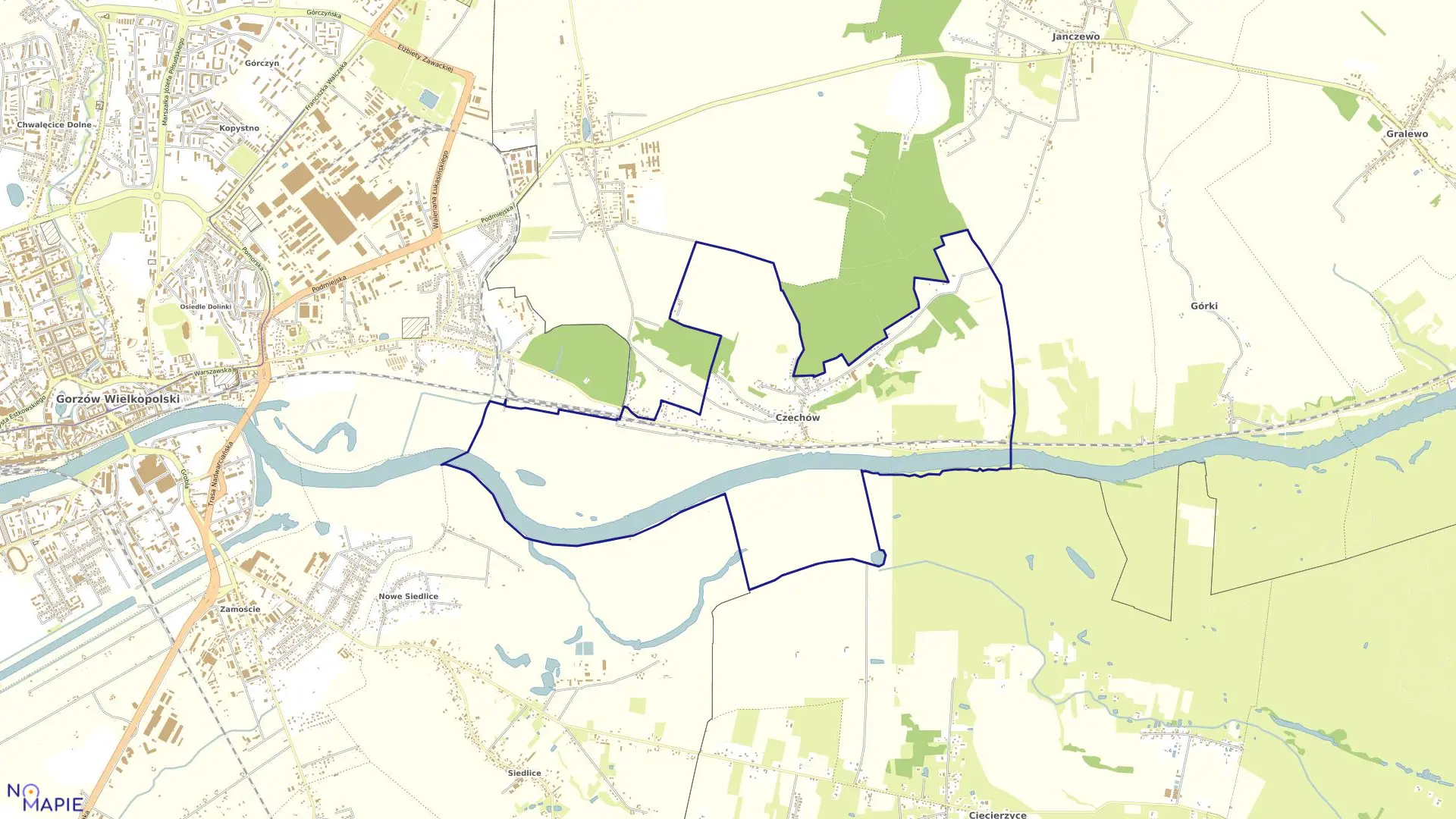 Mapa obrębu Czechów w gminie Santok