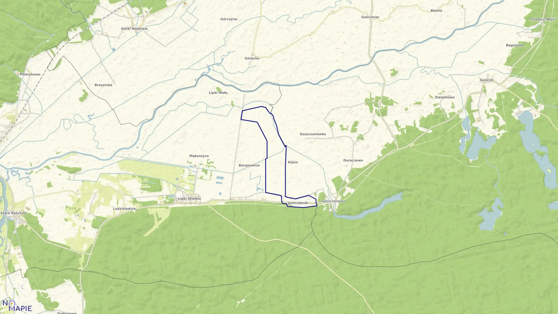 Mapa obrębu Jastrzębnik w gminie Santok