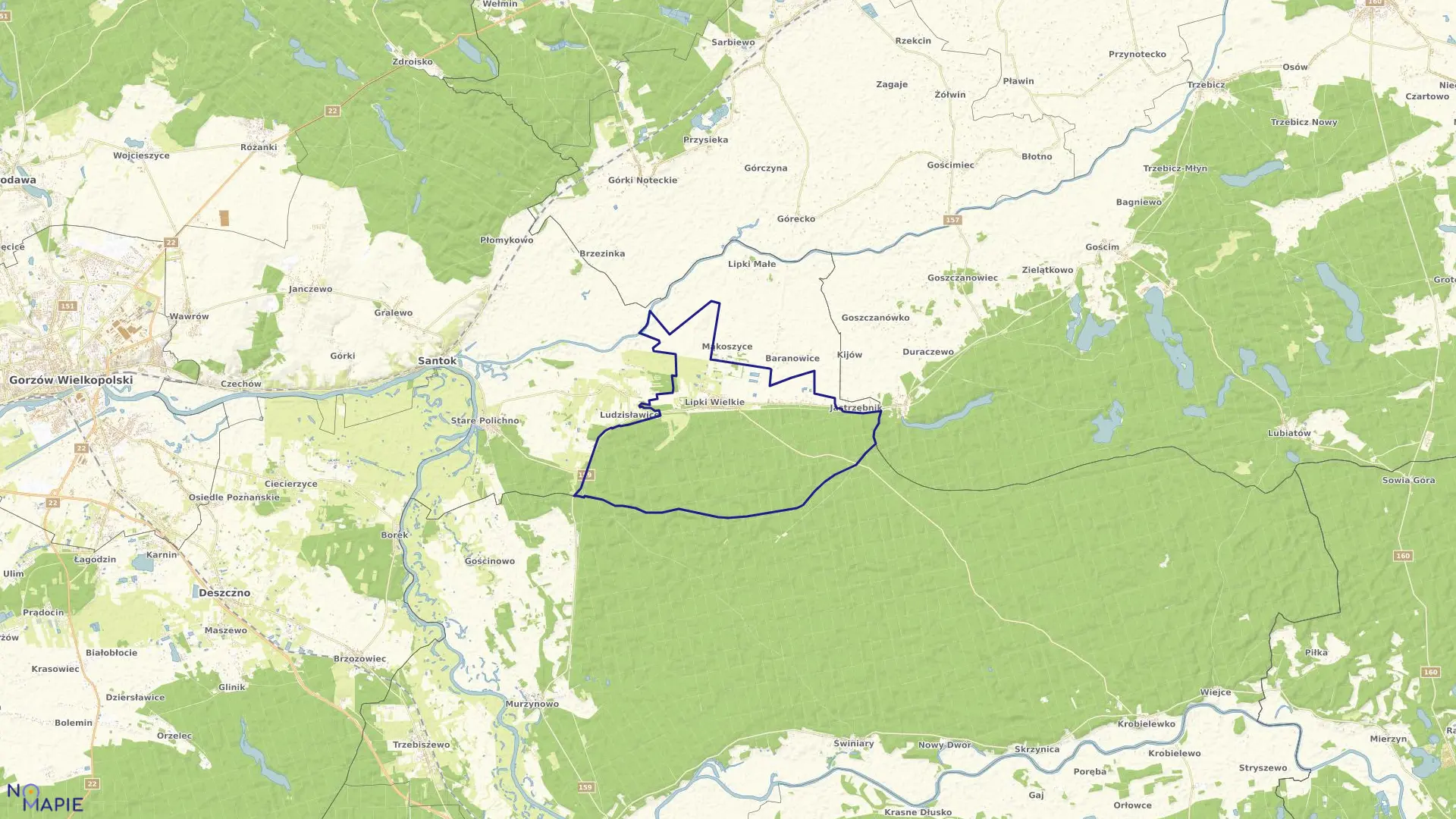 Mapa obrębu Lipki Wielkie w gminie Santok