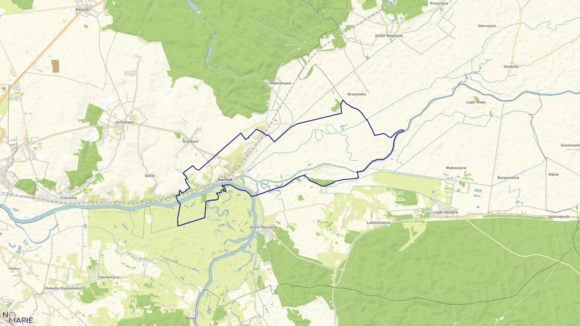 Mapa obrębu Santok w gminie Santok