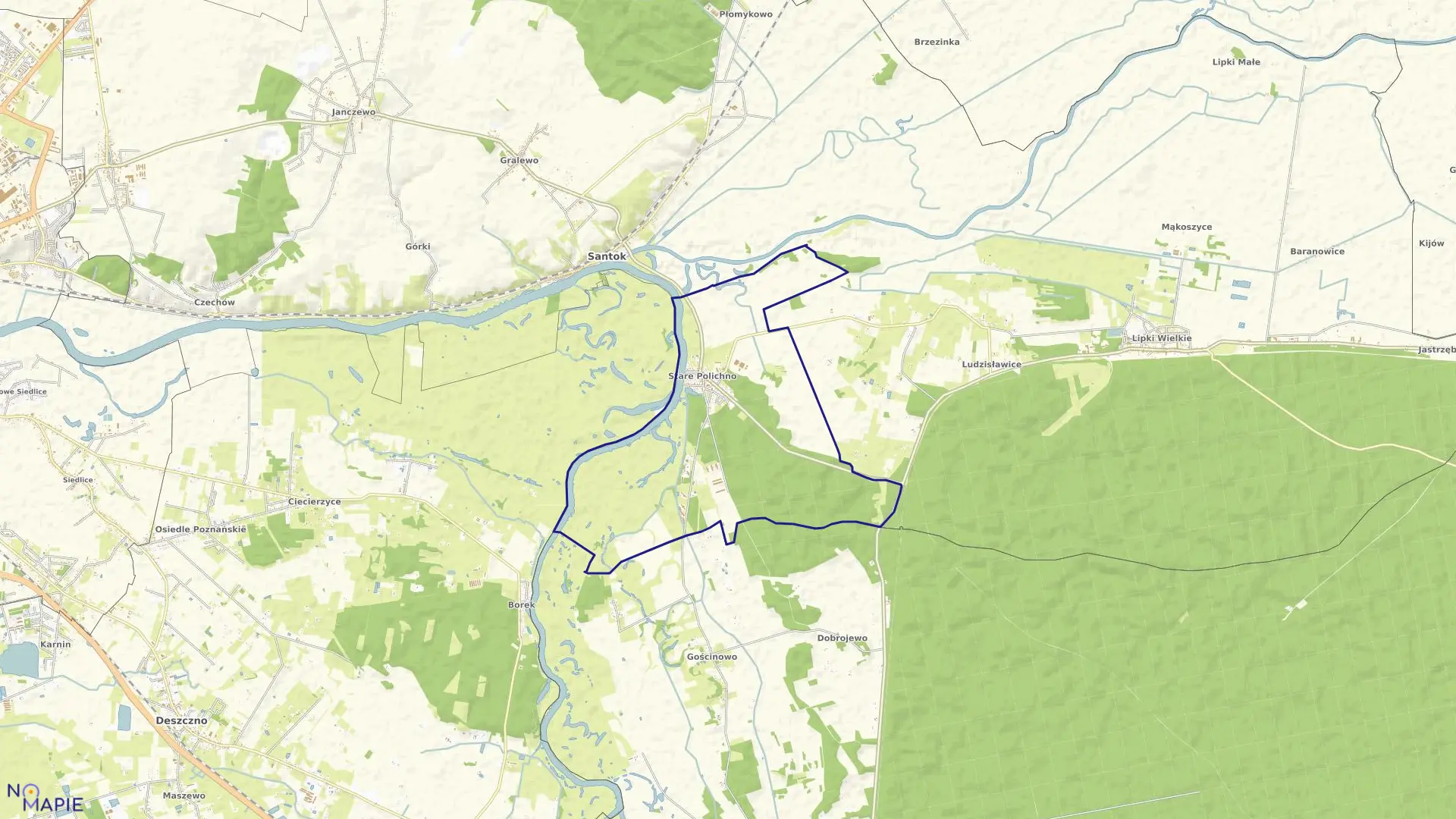 Mapa obrębu Stare Polichno w gminie Santok