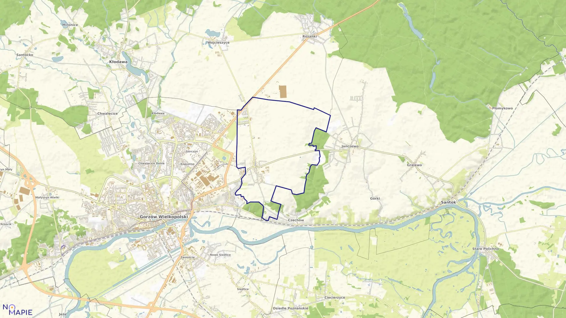 Mapa obrębu Wawrów w gminie Santok